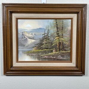 Vintage Original Framed Oil Painting Mountain Scene on a Lake Nature Canvas